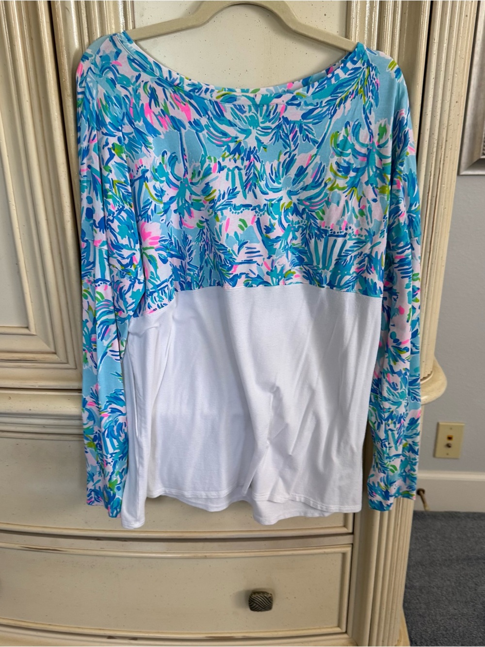 Lilly Pulitzer Light Blue Floral Print Long-Sleeve Top with White Panel